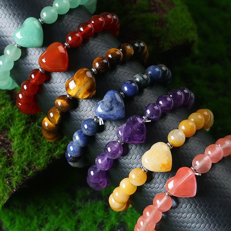 Wholesale Trendy Natural Stone Heart Shaped Bracelet Tiger Eye Amethyst Lapis Lazuli Obsidian Beaded Unisex Gift