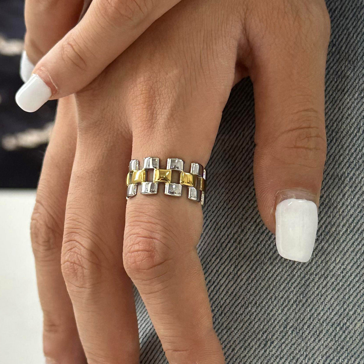 Wholesale  18k stainless steel three-layer square square hollow ring