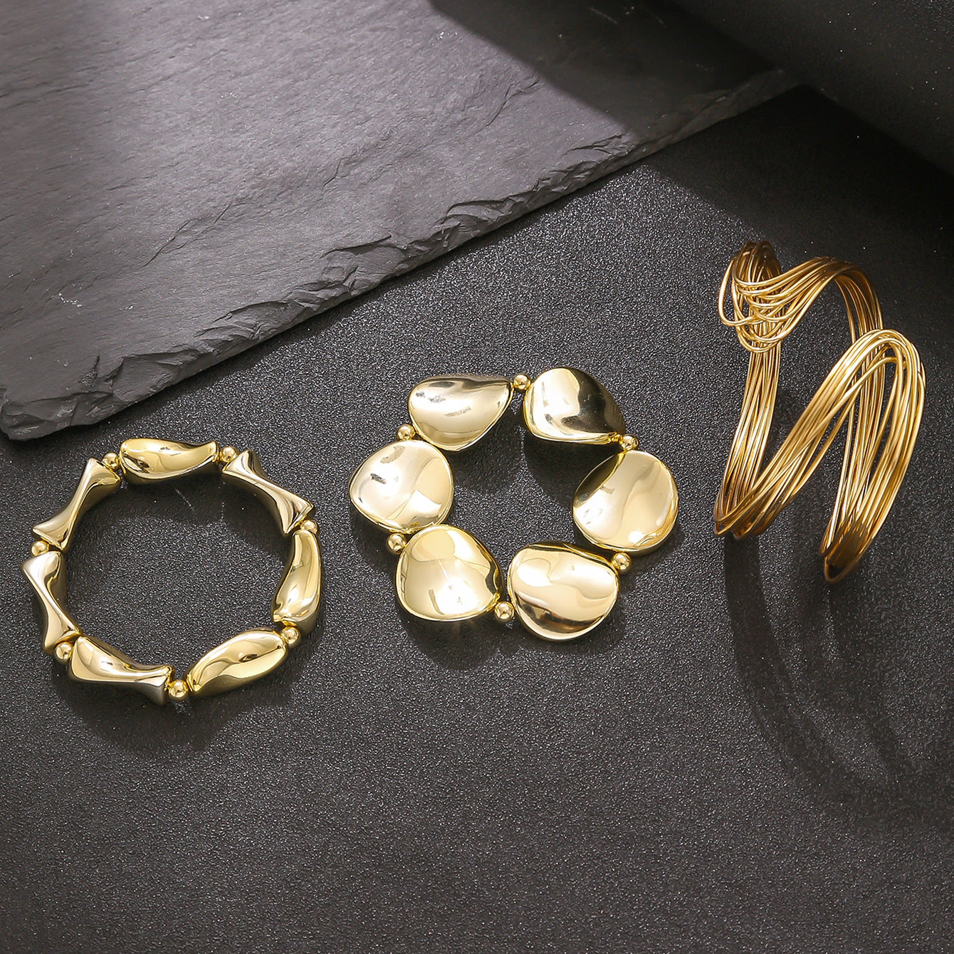 Wholesale 3 Piece Gold Metal Multi Layer Geometric Open Cuff Bracelet Set For Women Punk Style Gift