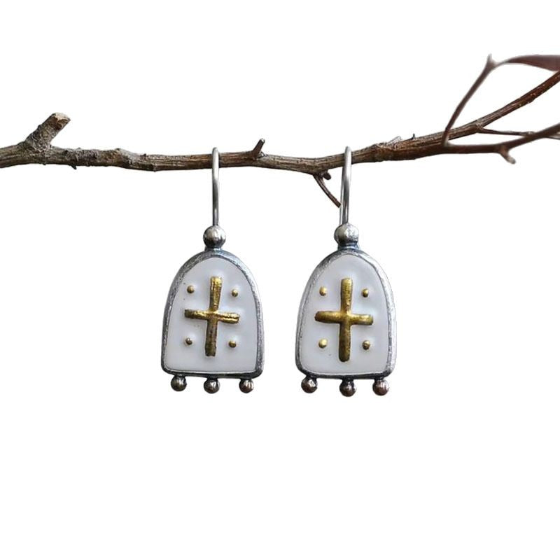Wholesale Vintage gold cross personality earrings creative  geometric white enamel pendant earrings