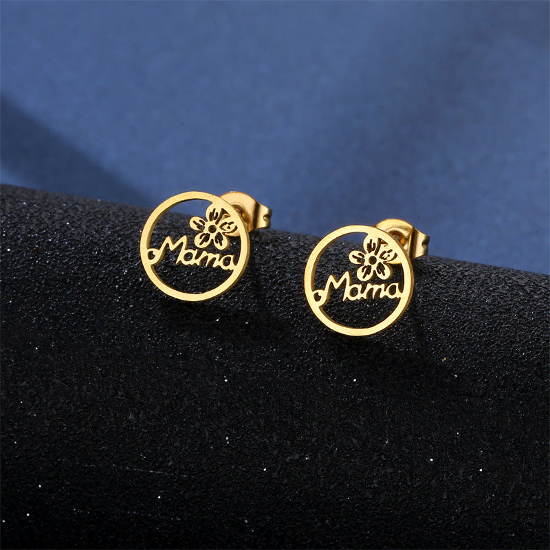 Wholesale Titanium Steel Pendant Flowers MAMA Stainless Steel Earrings Necklace Set Earrings Set Mother's Day ACC-ES-MinM014