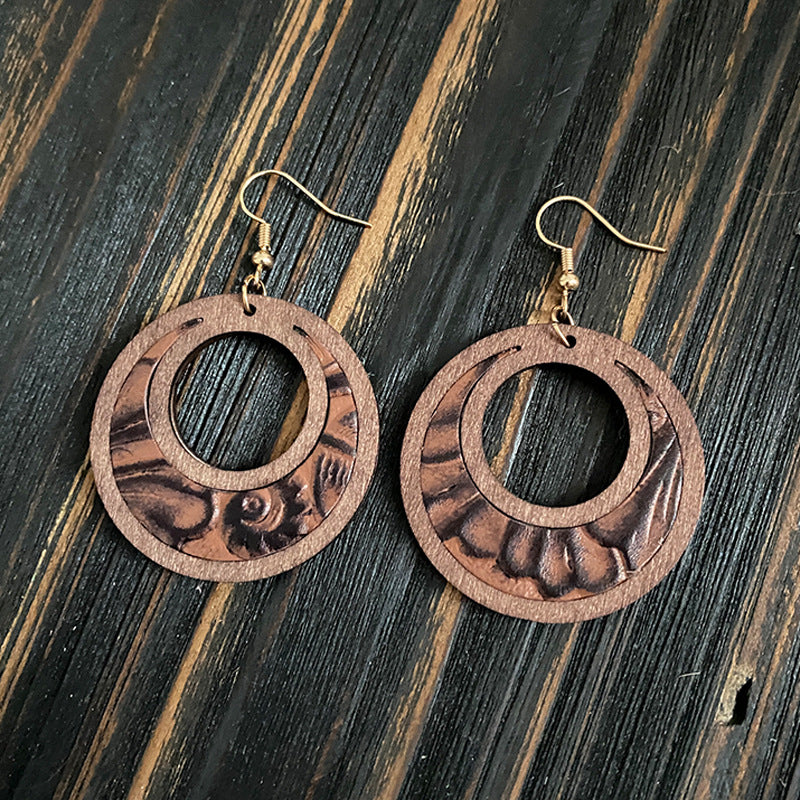 Wholesale Western Hollow Wood Inlay Genuine Leather Earrings ACC-ES-XinChuan055