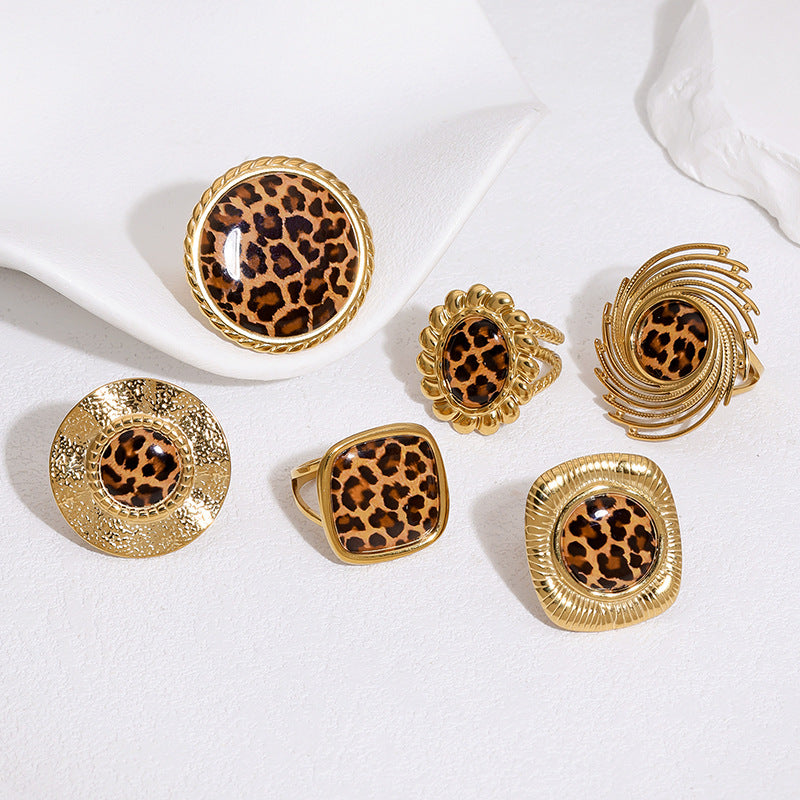Wholesale Stylish Stainless Steel Open Ring For Women Leopard Print Wide Band Adjustable Jewelry Accessory