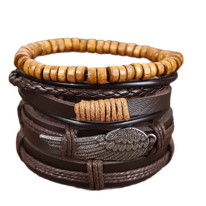 Wholesale Handmade Layered Leather Wood Bead Bracelet Retro Angel Wings Unisex Boutique Resale