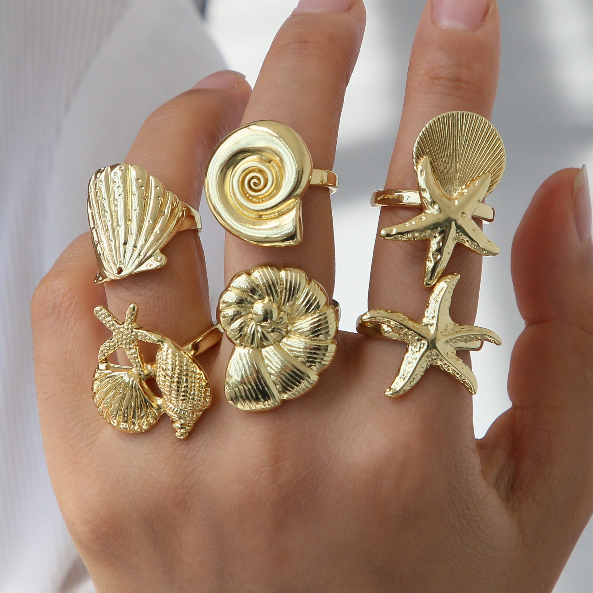 Wholesale Xiyin Temu Hot Selling Brass Summer Ocean Beach Vacation Style Starfish Conch Shell Open Ring