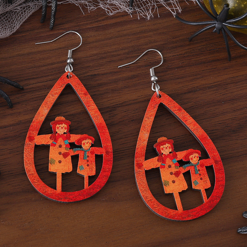 Wholesale Thanksgiving Day Halloween Pumpkin Scarecrow Teardrop Shape Wood Earrings ACC-ES-ChuLian029