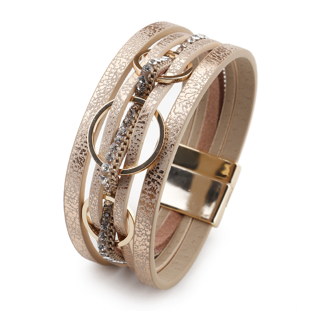 Wholesale Pink PU Leather Women S Layered Bracelet With Magnetic Clasp And Interlocking Rings Stylish Jewelry Accessory For Everyday Wear