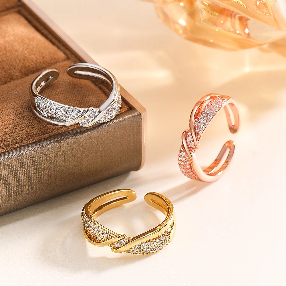 Wholesale Gold Copper Zircon Women S Double Layer Winding Ring Trendy Line Design Jewelry Accessory