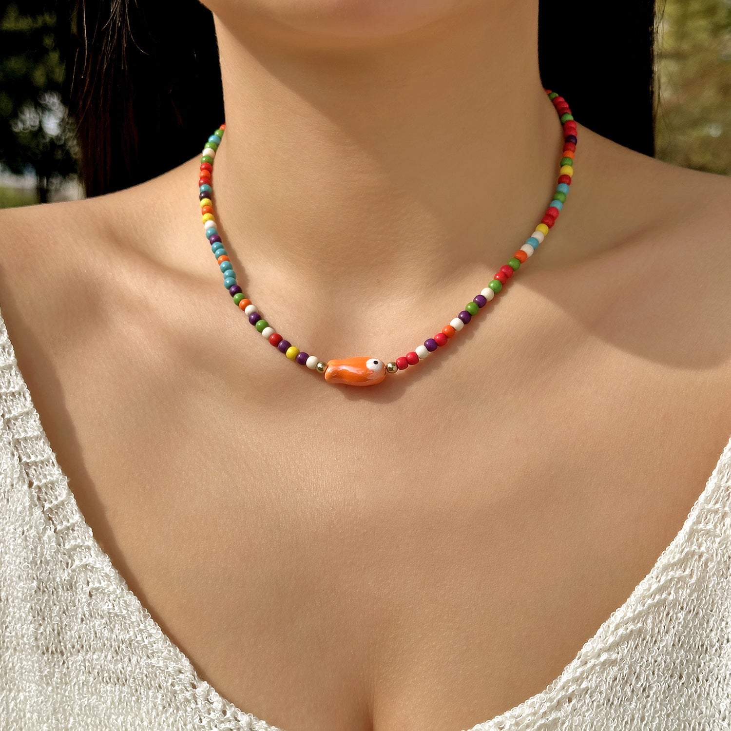 Wholesale Bohemian Ceramic Fish Beaded Necklace Orange Handmade Jewelry Accessory for Women