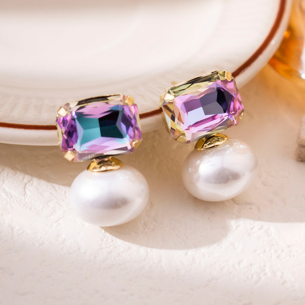 Wholesale Silver Needle  Zircon Large Pearl Earrings Retro Light Luxury Colorful  Earrings