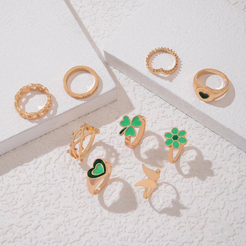 Wholesale 9pcs Easter Green Oil Drop Four-leaf Clover Heart-shaped Contrast Ring Set ACC-RS-YongGe017