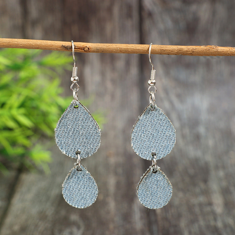 Wholesale Retro Teardrop Double-Layer Denim Print Leather Earrings Fashion Accessory Gift for Women