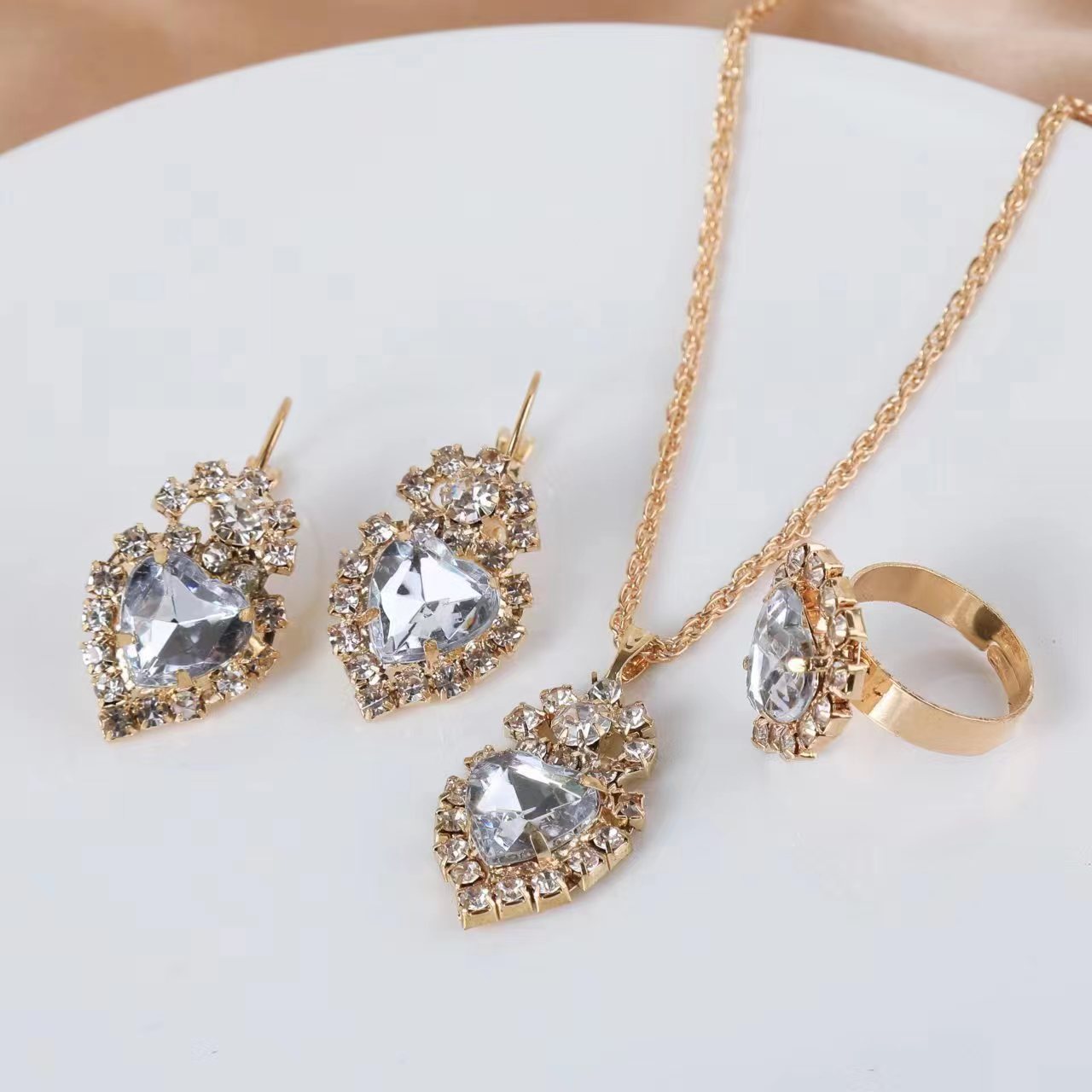 Wholesale Water Drop Heart Diamond Necklace Earring Set