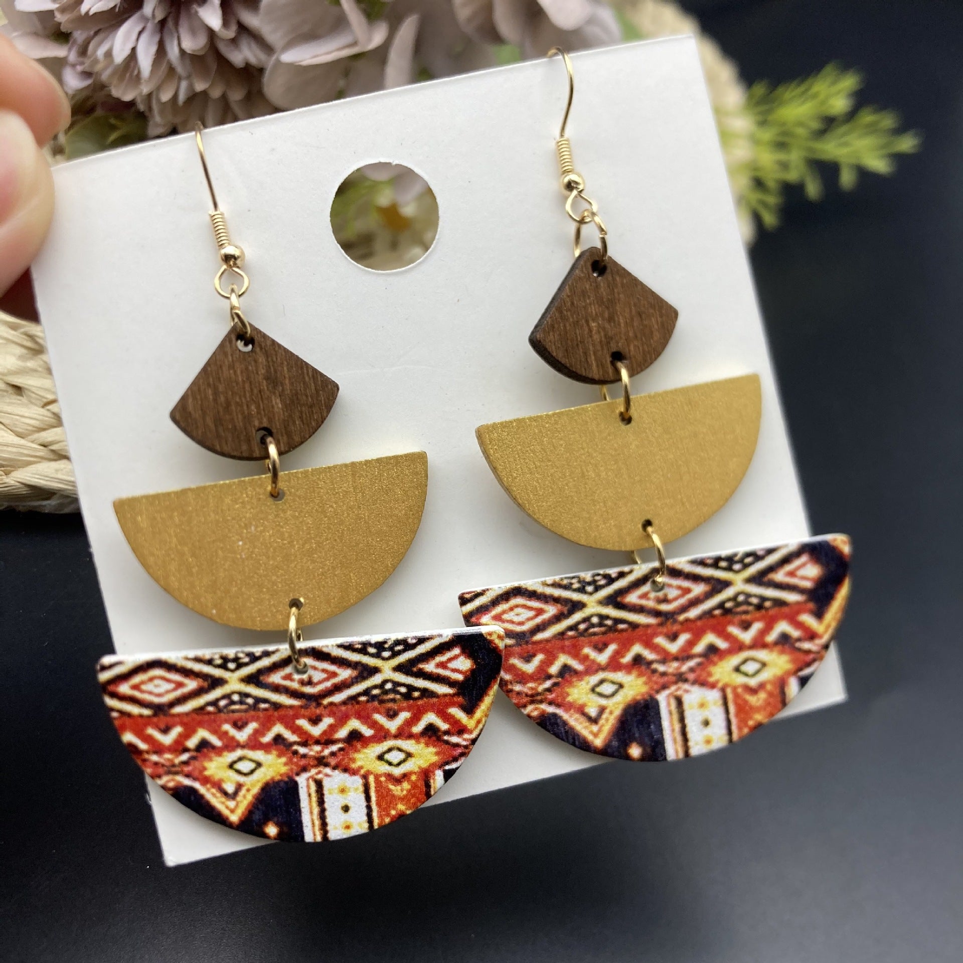 Wholesale Retro Bohemian Wood Paint Pattern Geometric Stitching Earrings ACC-ES-FX074