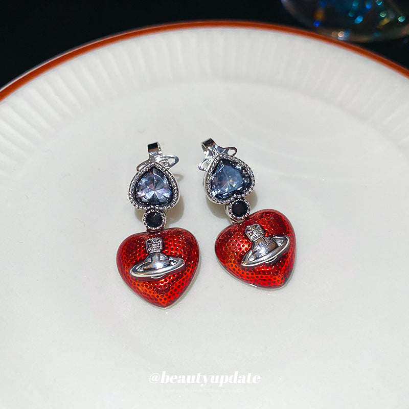 Wholesale Silver Needle Diamond Dropping Oil Love Planet Earrings