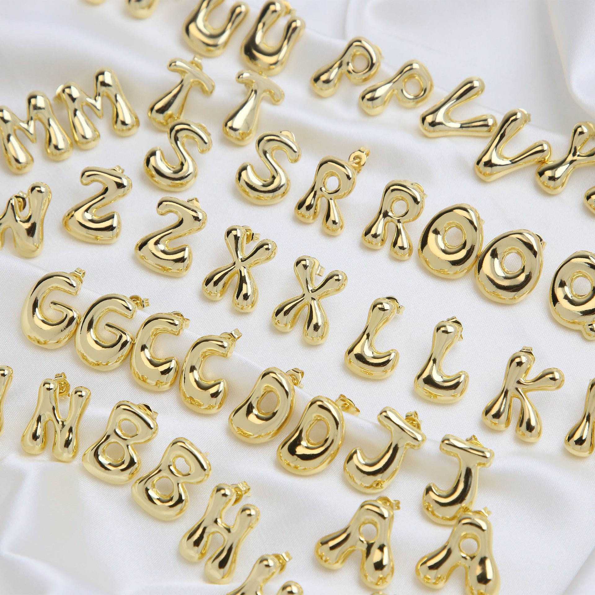 Wholesale  copper plated 18k real gold chubby bubble balloon 26 English letter earrings