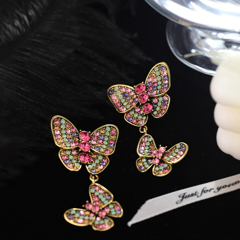 Wholesale colorful rhinestone butterfly tassel alloy earrings ACC-ES-RuLong004