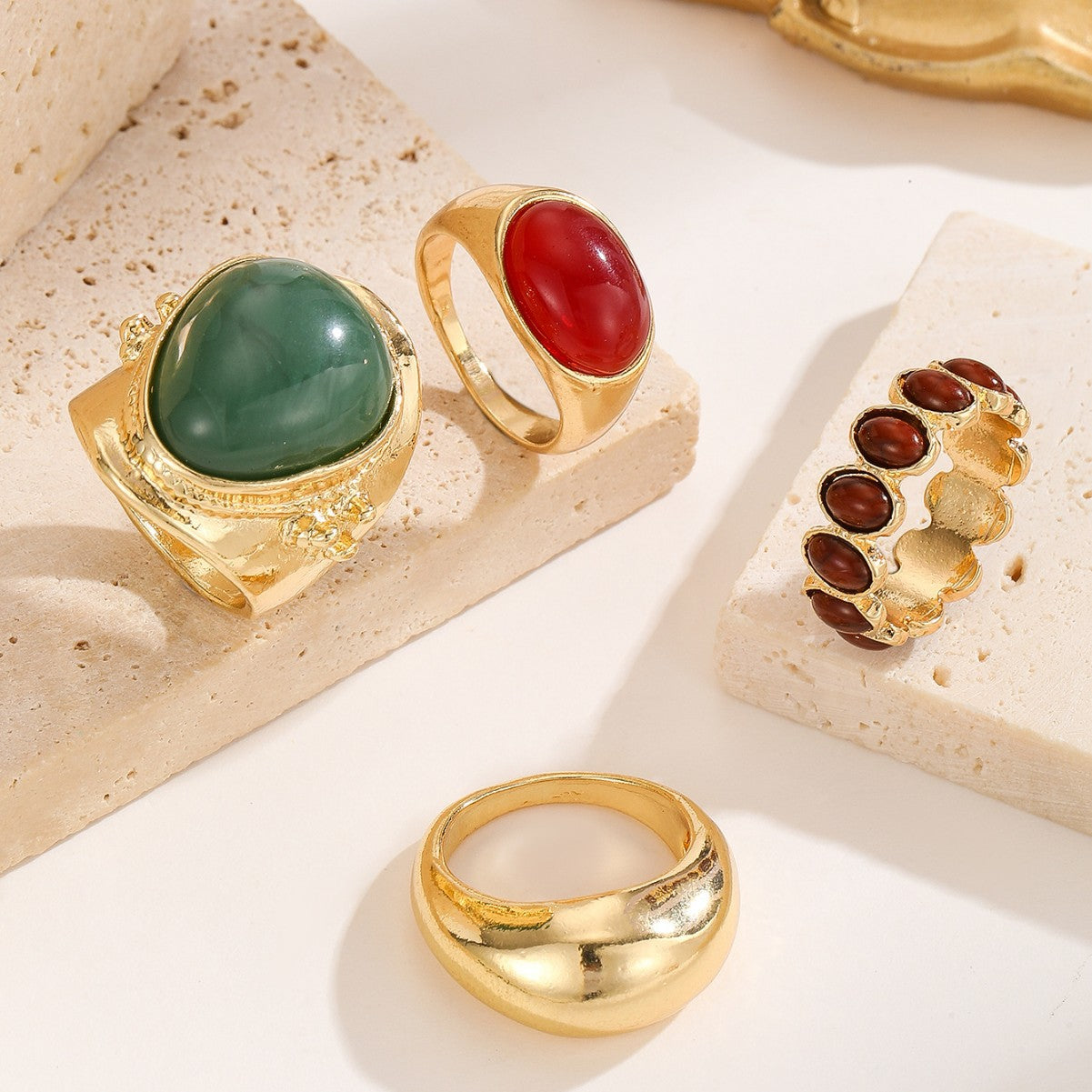 Wholesale Retro Gold Tone Oval Alloy Ring Set For Women Chic Jewelry Accessory Gift 4 Piece Everyday Wear