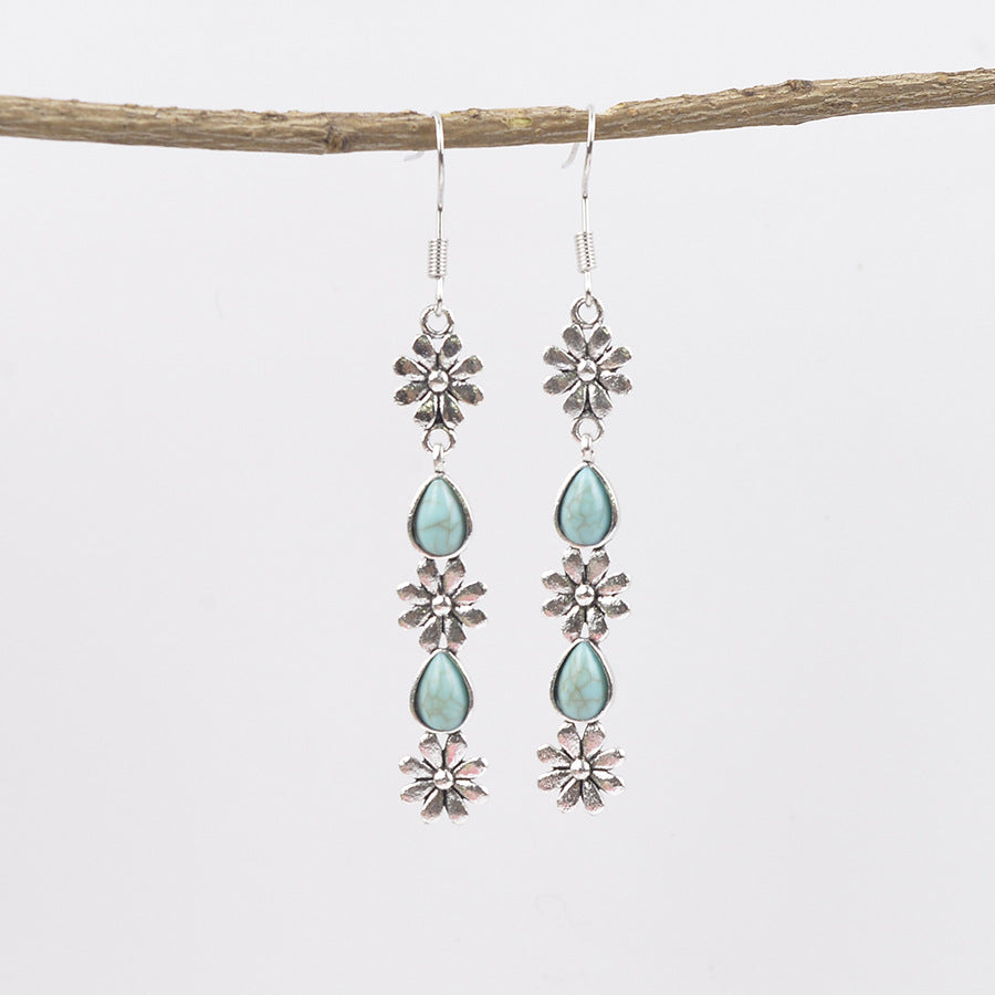 Wholesale Vintage Long Tassel Flower Earrings For Women Antique Silver With Turquoise Inlay Fashion Jewelry Accessory