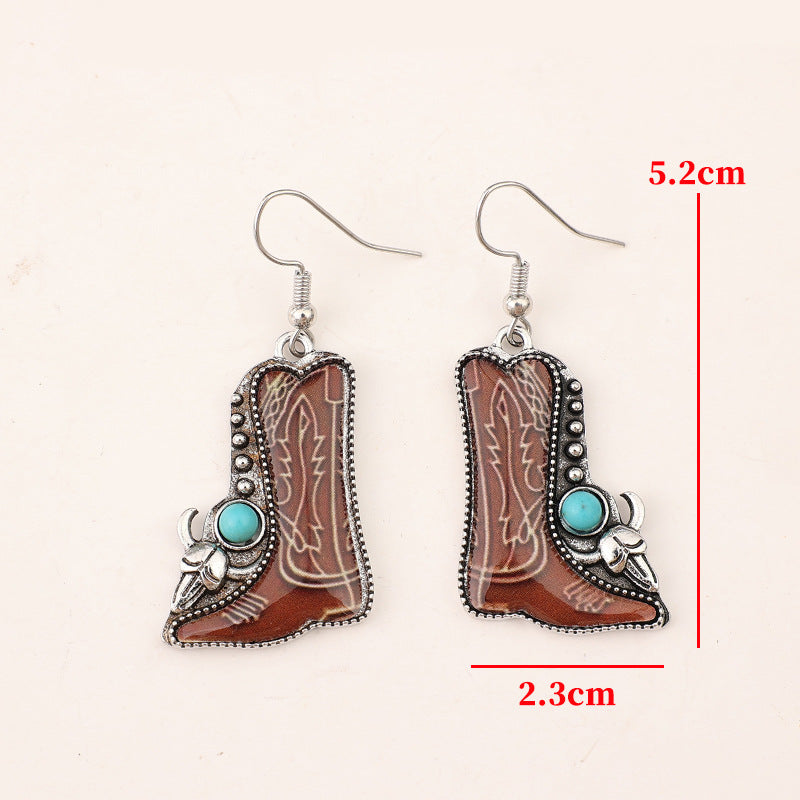 Wholesale Vintage Bohemian Turquoise Cowboy Boot Earrings,  Alloy Oil Drip Jewelry Accessory