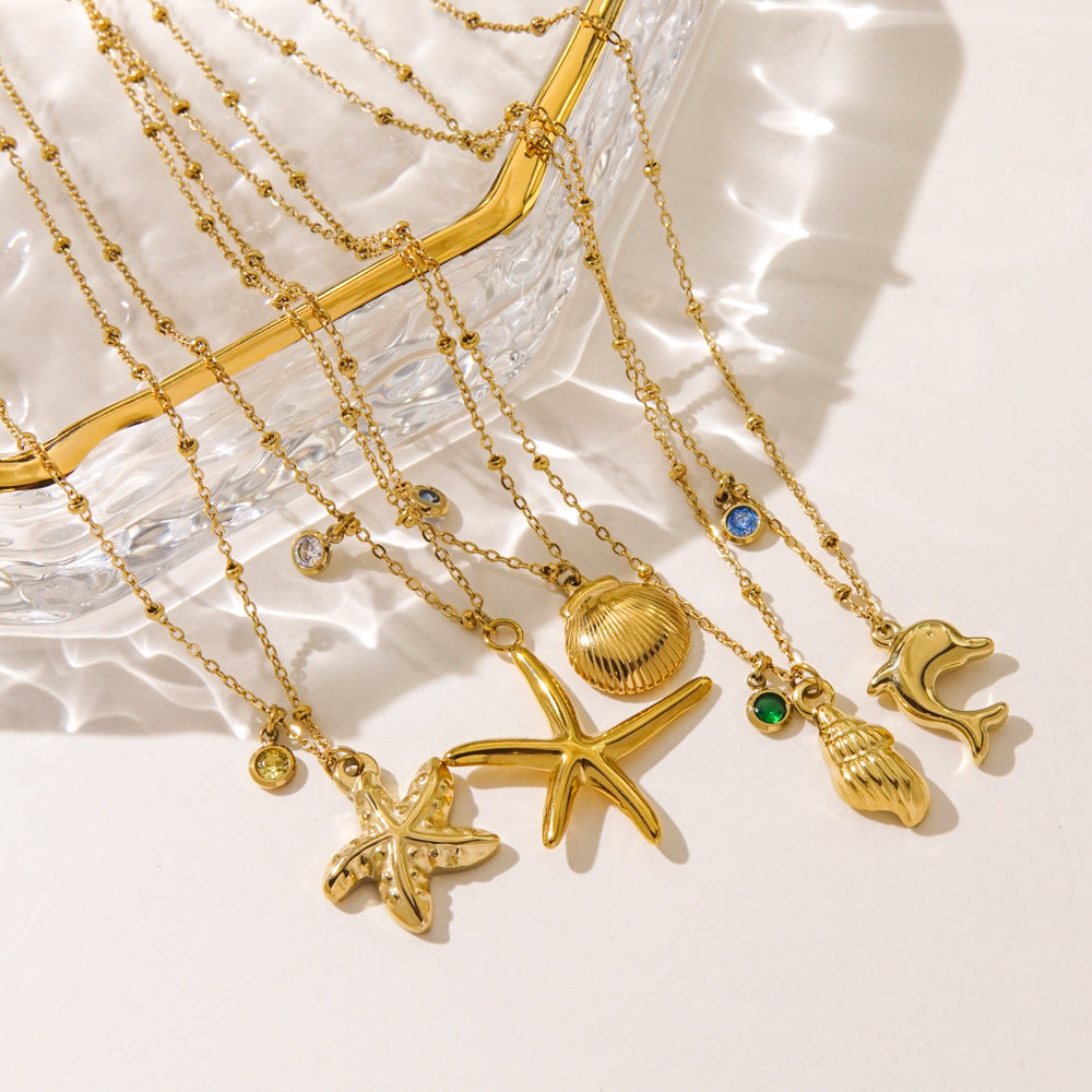 Wholesale Stainless steel Summer Beach Wind Niche Starfish Dolphin Conch Shell Necklaces