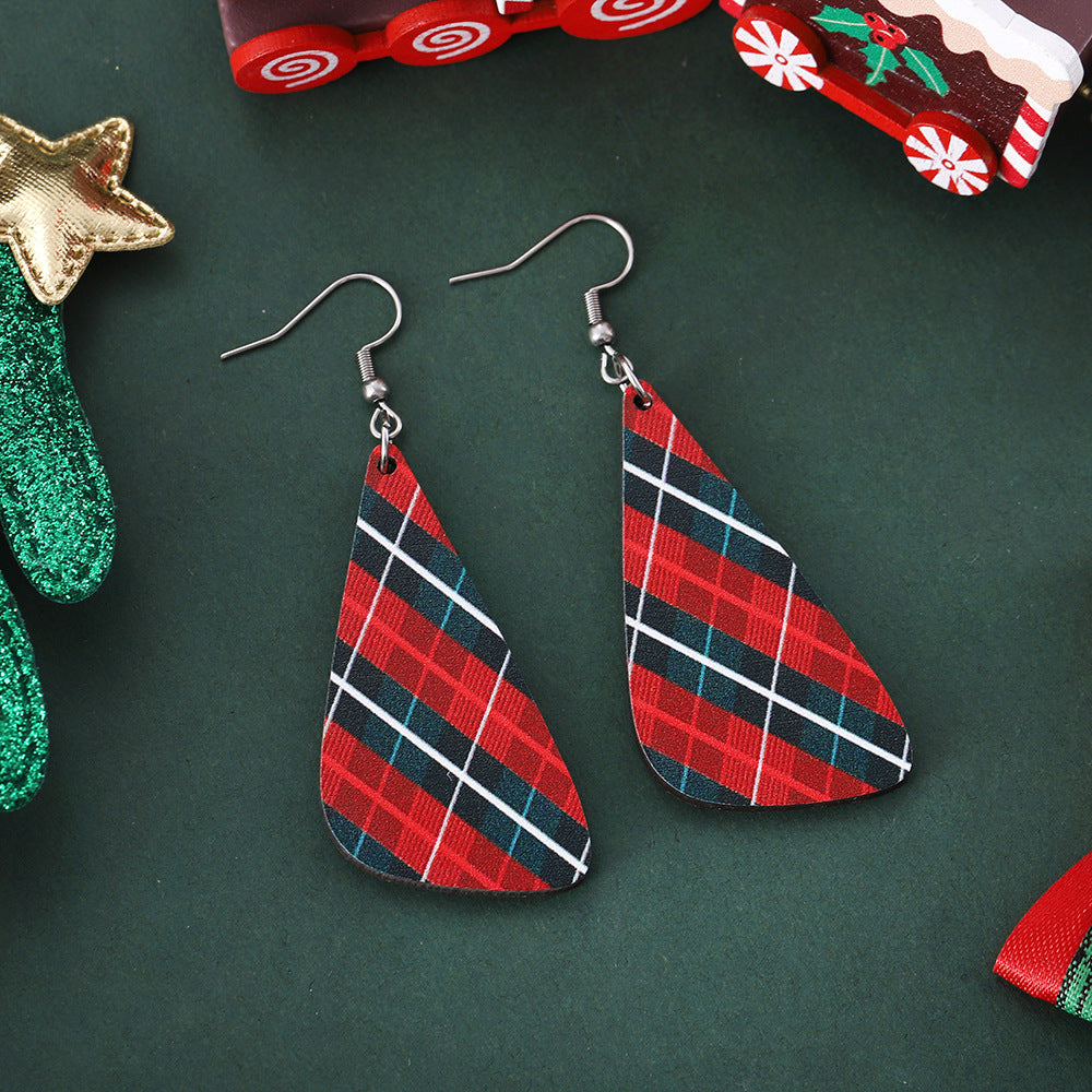 Wholesale Christmas Santa Claus Red and Black Plaid Geometric Wood Earrings ACC-ES-ChuLian074
