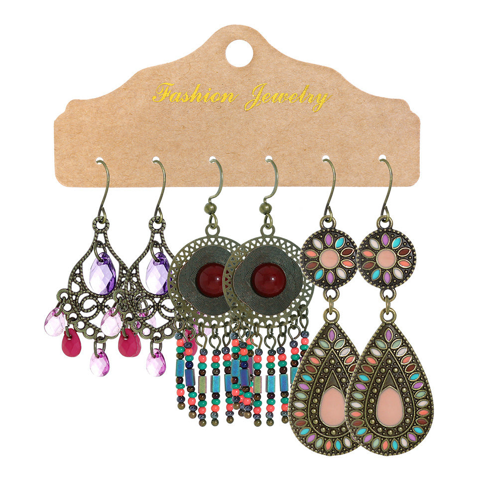 Wholesale Retro Ethnic Round Metal Tassel Earrings Set Fashion Accessory