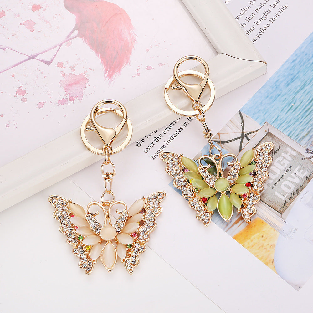 Wholesale Creative Butterfly Alloy Keychain with Cat' s Eye Gemstone