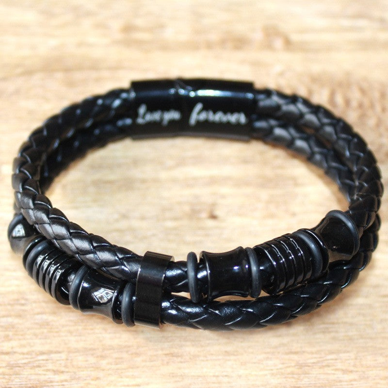 Wholesale Black Leather Cord Men's Double Layer Leather Braided Bracelets Stainless Steel Bracelets ACC-BT-Yima017
