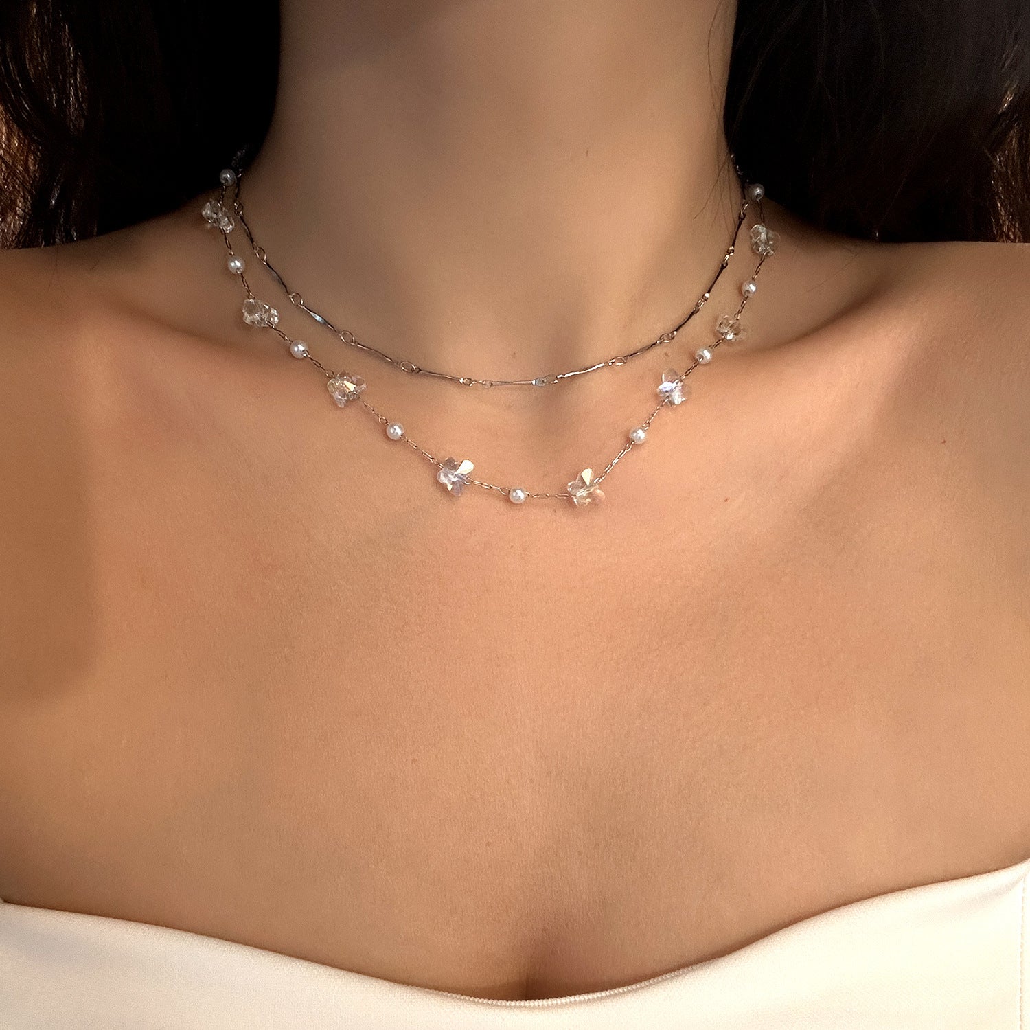 Wholesale  Blue Double-layer Butterfly Stacked Necklace