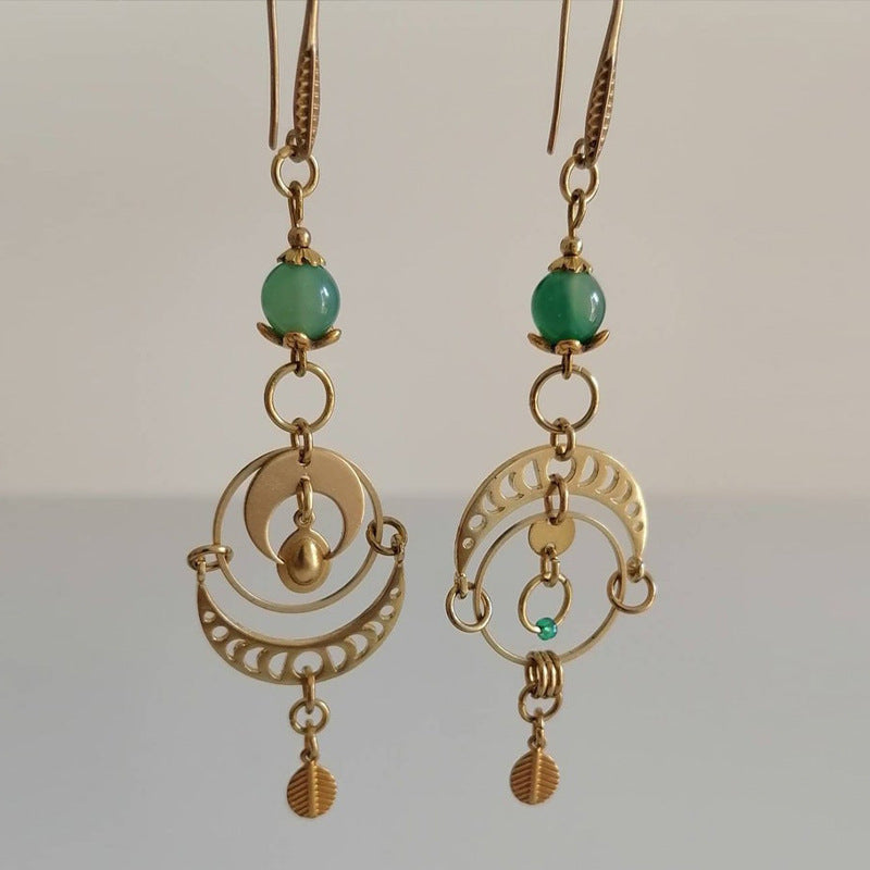 Wholesale Retro Moon Phase Hollow Alloy Earrings,  Jade Leaf Pattern,  Electroplated Finish,  Party Gift,  Boutique Resale