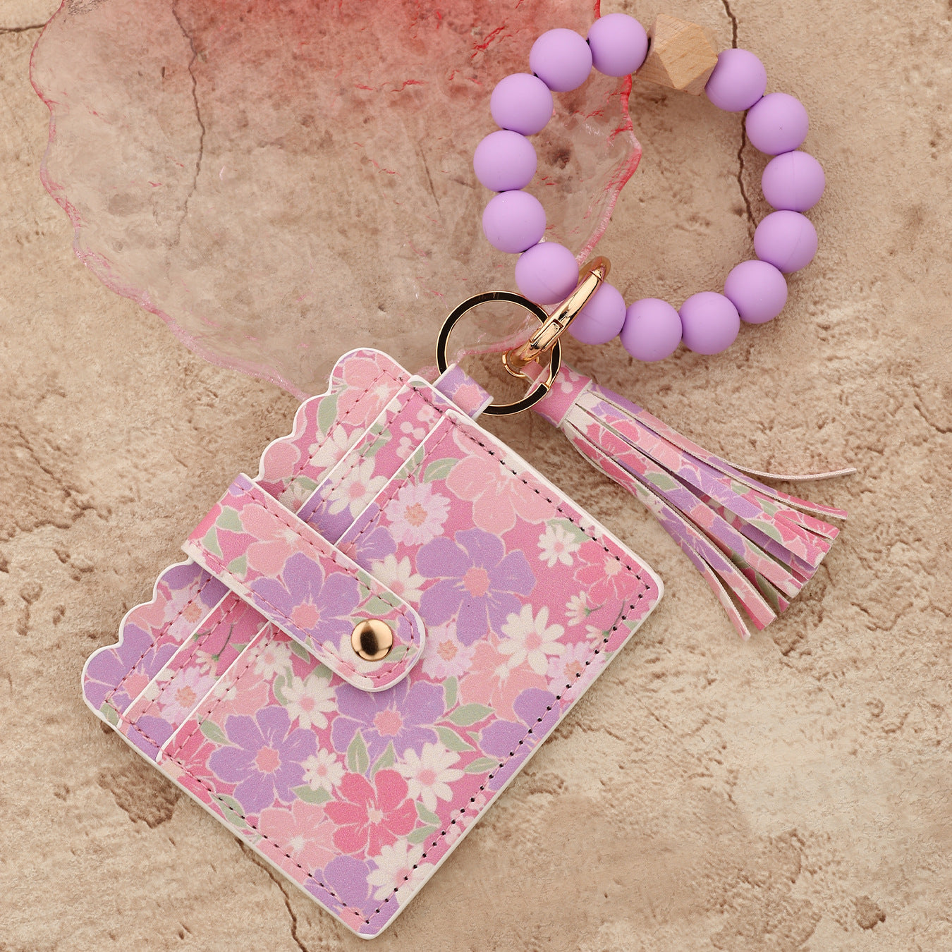 Wholesale silicone bead bracelet pink card holder Wristlet Keychain