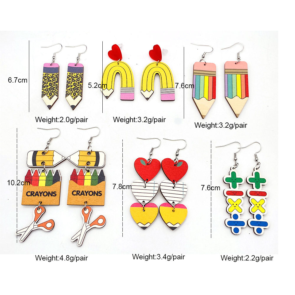 Wholesale Wooden Leopard-Print Pencil  Crayon  and Scissors Earrings