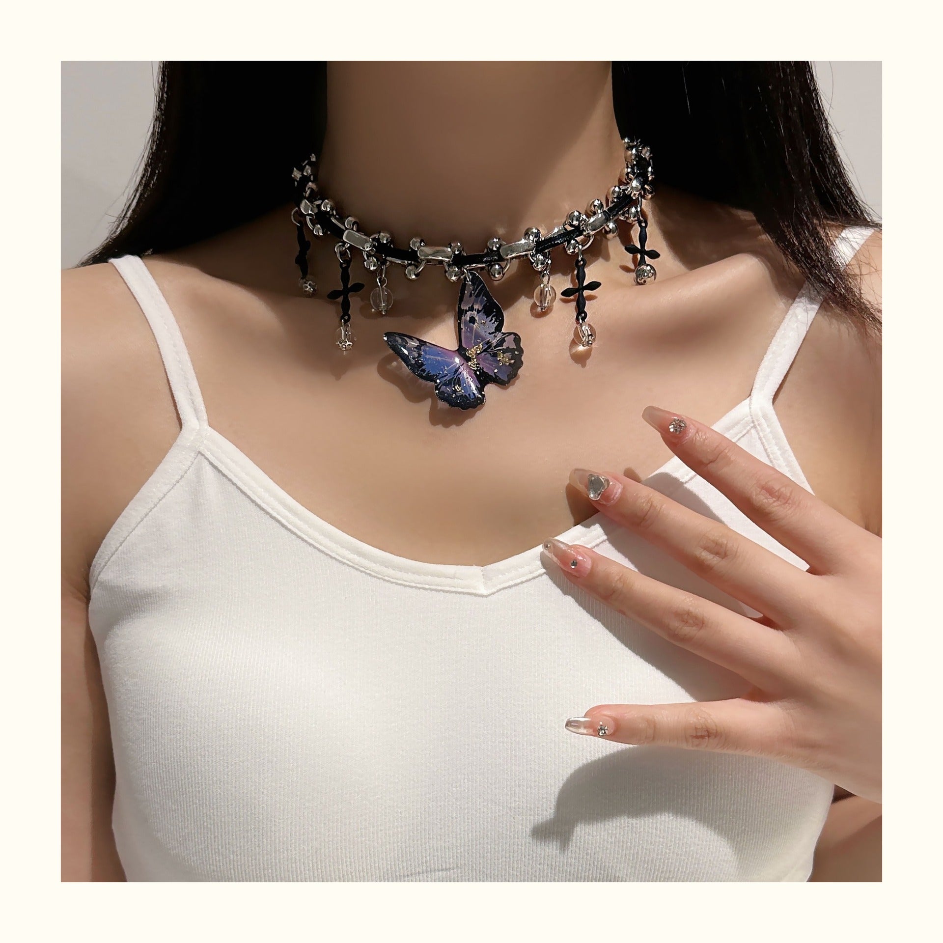 Wholesale Butterfly Cross Fabric Splicing Necklace