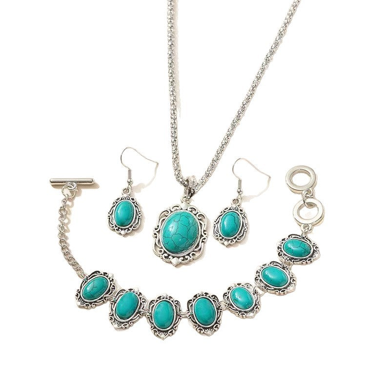 Wholesale Bohemian Retro Turquoise Jewelry Set - Alloy Ethnic Style Layering Necklace,  Earrings,  Bracelet for Party Wear Gift