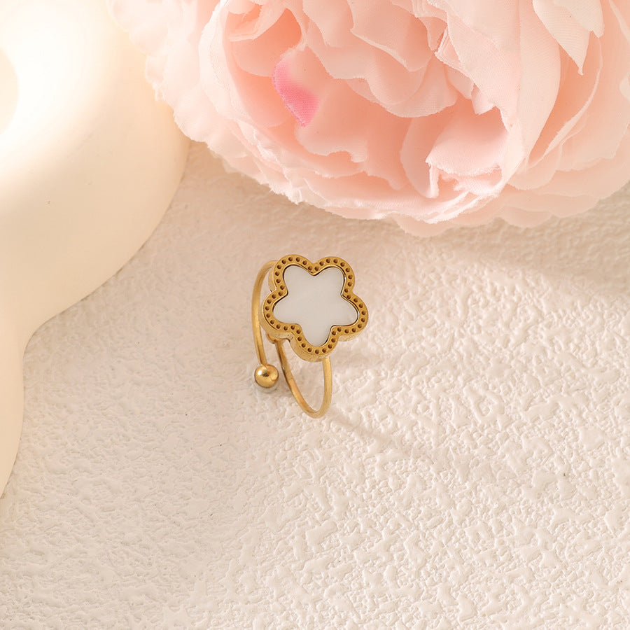 Wholesale Titanium Steel Five-Leaf Flower Mother-Of-Pearl Ring Women' s Fashionable Versatile Adjustable Open Stainless Steel Ring