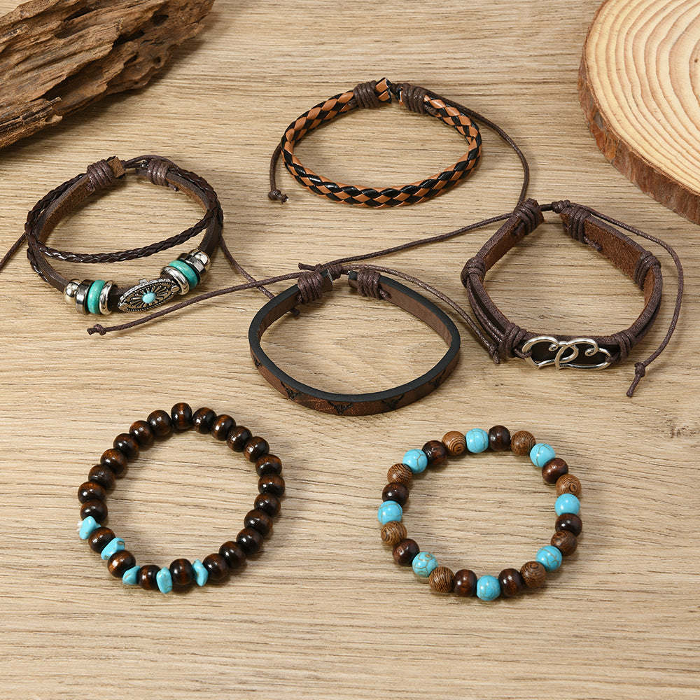 Wholesale vintage leather woven handmade beaded wood beads turquoise  bracelet