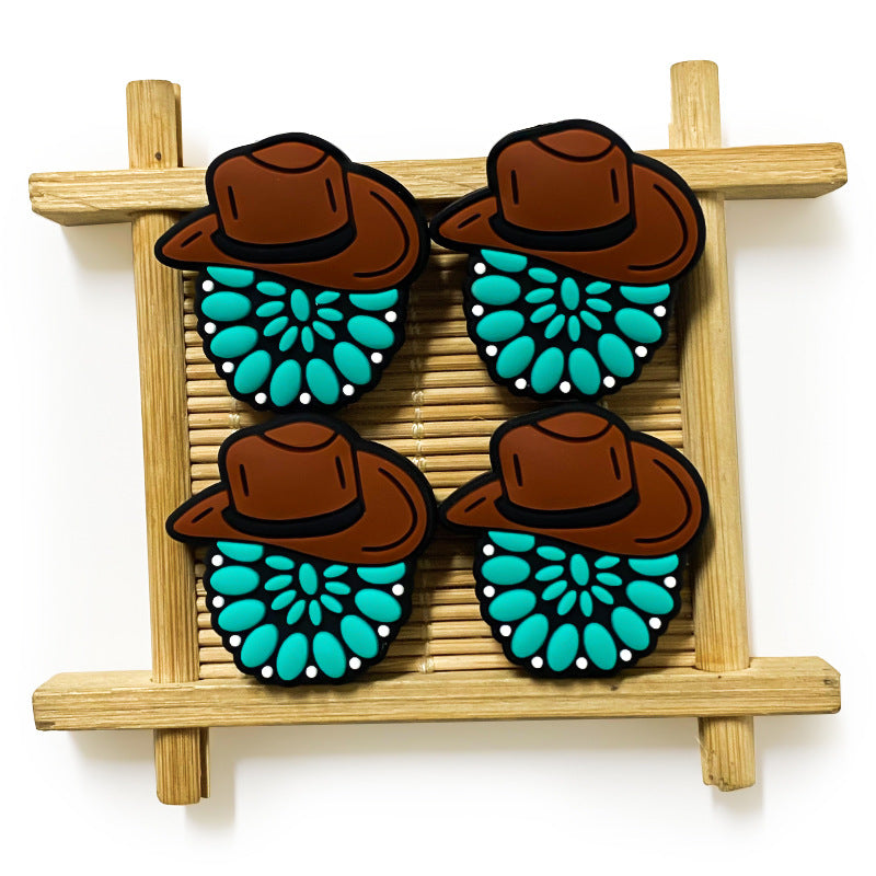 Wholesale 10pcs Western Style Cowboy Hat Turquoise Silicone Beads DIY Handmade Beaded Pen Accessories ACC-BDS-WDX052