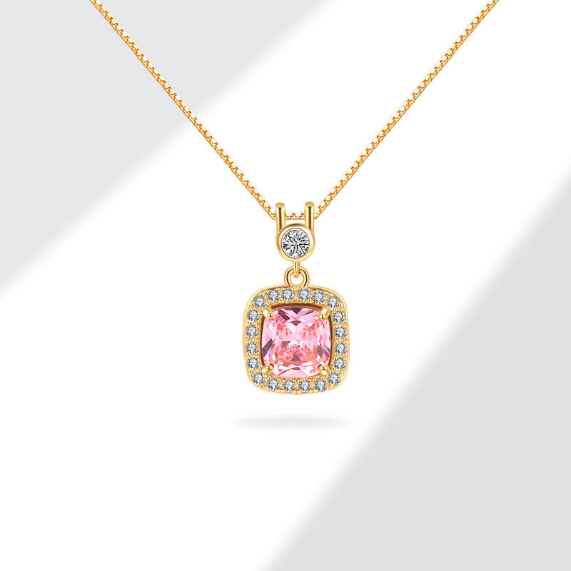 Wholesale All-match zircon square sterling silver necklace luxury pink diamond necklace