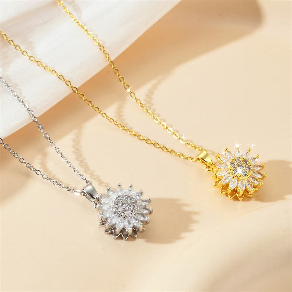 Wholesale Necklace  Diamond-encrusted Sunflower  Ring Rotatable Clavicle Chain Jewelry