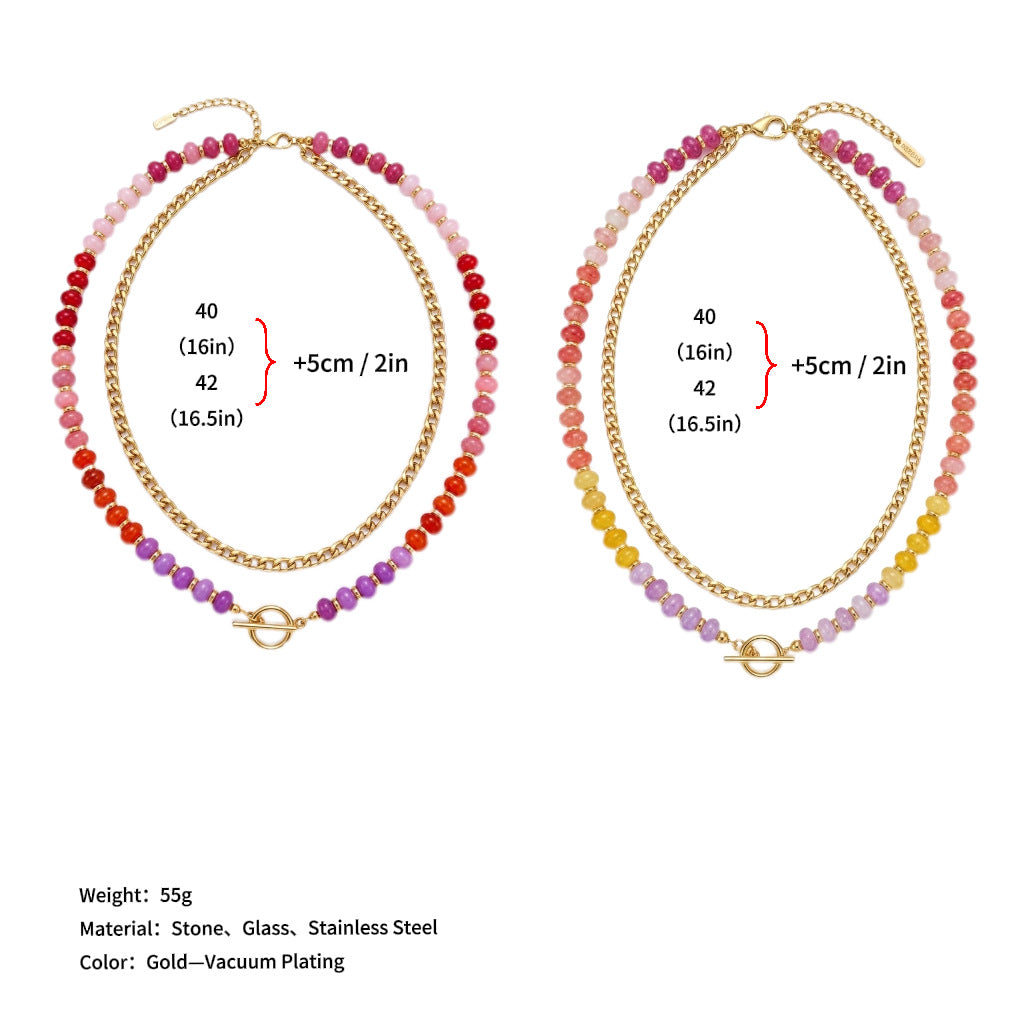Wholesale Stainless Steel Cuban Chain Necklace Double Layer Natural Stone Abacus Beads Dopamine Style Jewelry Accessory For Women Boutique Gift