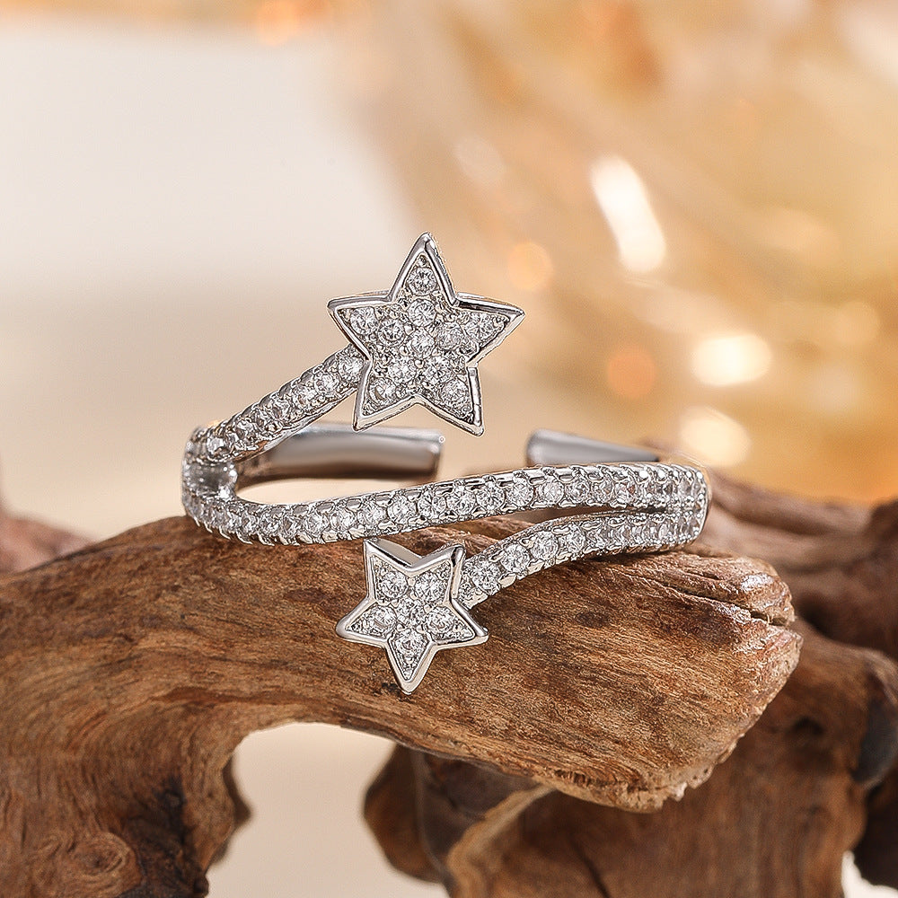 Wholesale Chic Five Point Star Open Ring Silver Adjustable Copper Zircon Jewelry Fashion Accessory For Boutique Resale