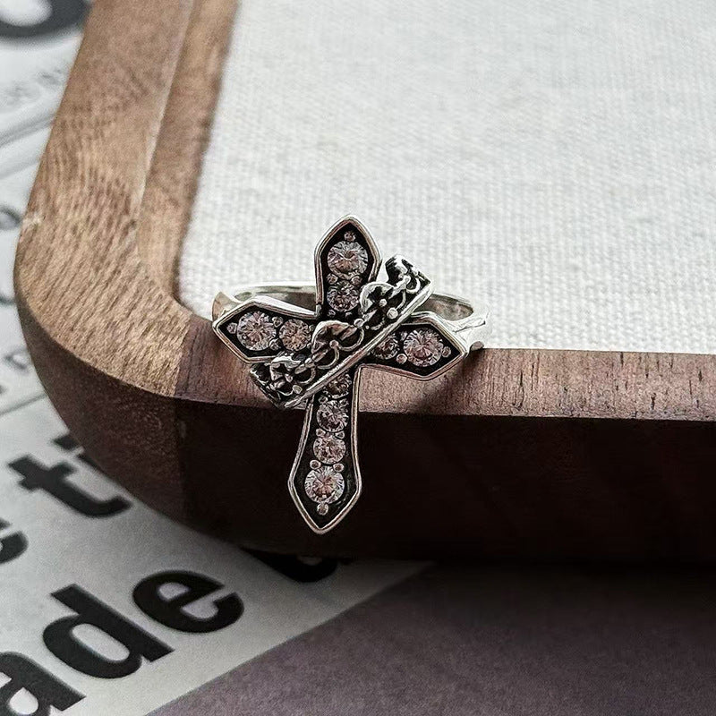 Wholesale Vintage Distressed Cross Ring Copper Zircon Stackable Fashion Accessory