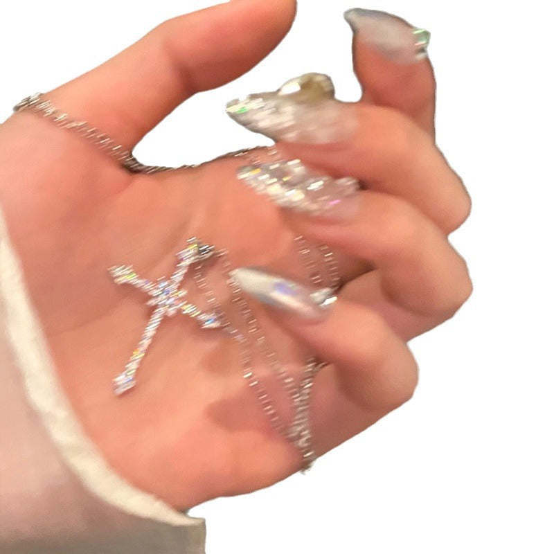 Wholesale Full Diamond Starburst Cross Necklace,  Cool and Sweet Zircon Sparkling Diamond Pendant,  Niche New Trendy Choker Style