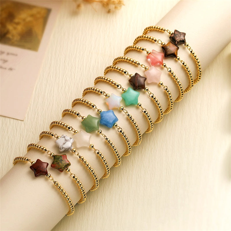 Wholesale Gold Plated Copper Star Charm Bracelet Quartz Tiger Eye Green Aventurine Beads Handmade Unisex Wedding Gift Fashion Accessory