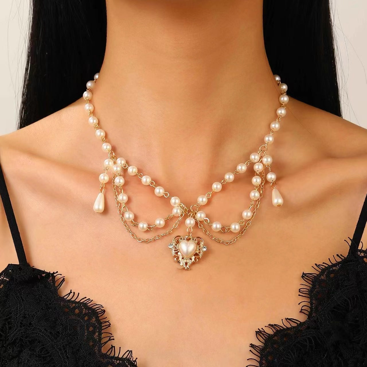 Wholesale Fashion Layered Imitation Pearl Cross Heart Butterfly Necklace Alloy Jewelry for Women