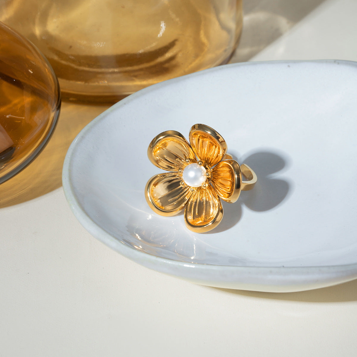 Wholesale  18k gold stainless steel flower pearl opening ring