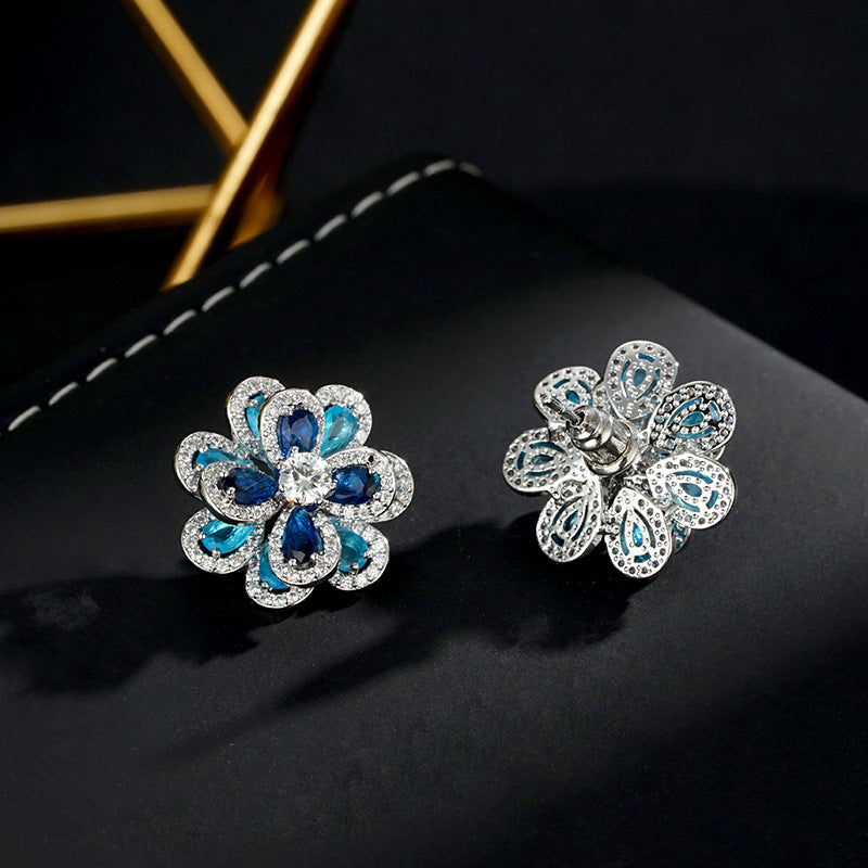 Wholesale sapphire blue double-layer flower zircon earrings