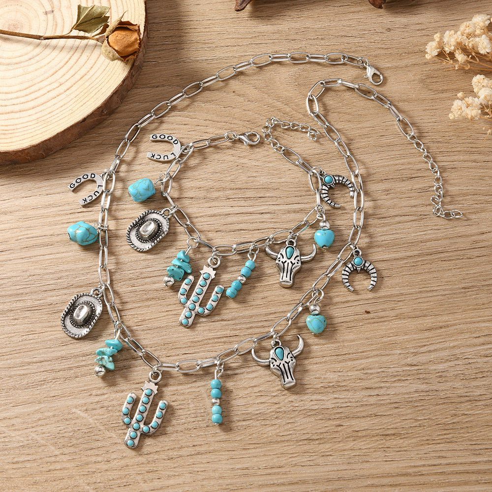 Wholesale Cowboy Hat Turquoise Multi-Alloy Clavicle Chain Geometric 2-Piece Bracelet +  Necklace Set
