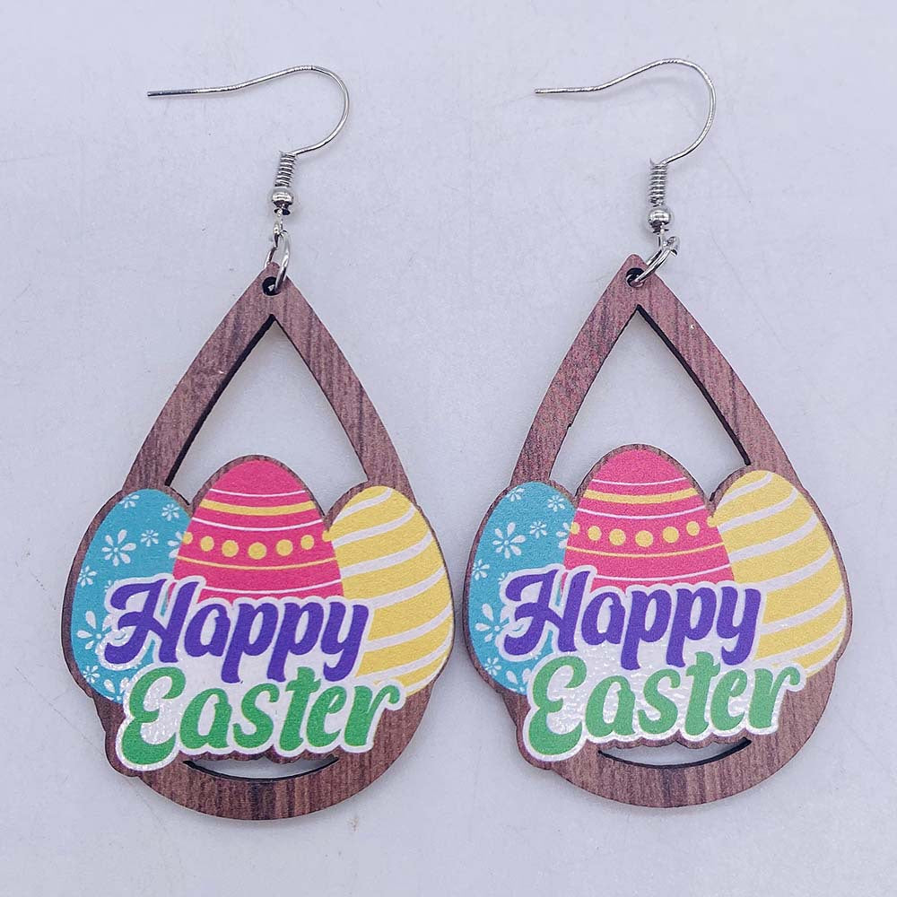 Wholesale Easter Egg Dwarf Rabbit Water Drop Hollow Wooden Earrings ACC-ES-CY003